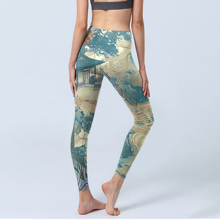 Leggings de fitness en tissu lycra imprimé Buddha Stones architecture chinoise vert mer foncé pantalons de yoga pour femmes - image 4