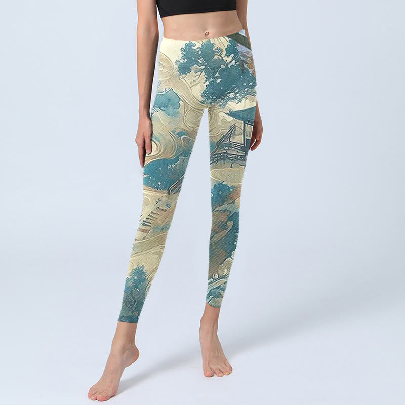Leggings de fitness en tissu lycra imprimé Buddha Stones architecture chinoise vert mer foncé pantalons de yoga pour femmes - image 6