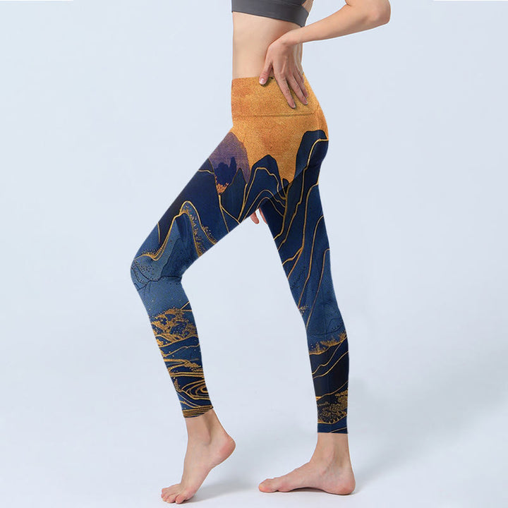Leggings de fitness en tissu lycra imprimé coucher de soleil sur les montagnes bleu foncé Buddha Stones Pantalon de yoga pour femme - image 3