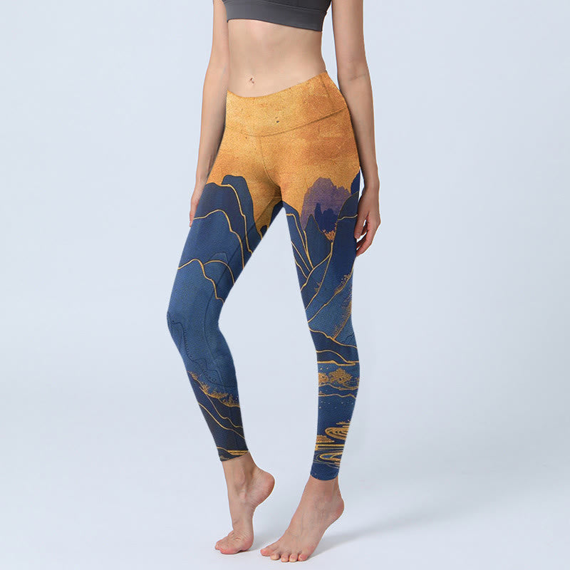 Leggings de fitness en tissu lycra imprimé coucher de soleil sur les montagnes bleu foncé Buddha Stones Pantalon de yoga pour femme - Bleu nuit - US18，UK/AU22，EU50 (4XL) - image 0