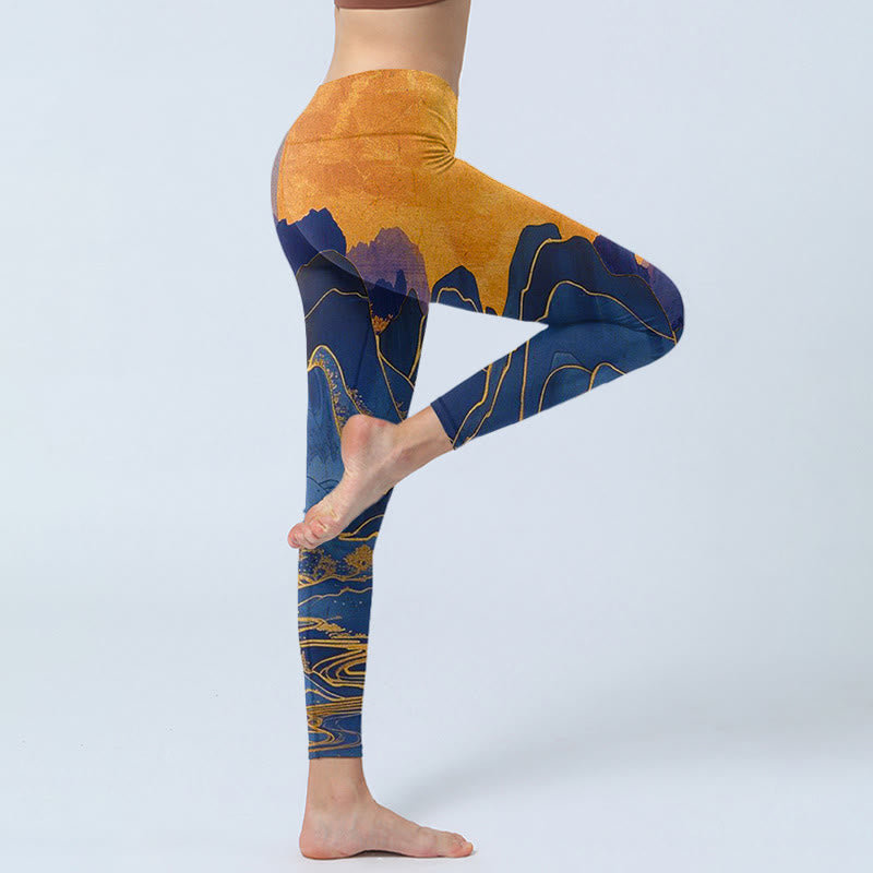 Leggings de fitness en tissu lycra imprimé coucher de soleil sur les montagnes bleu foncé Buddha Stones Pantalon de yoga pour femme - image 4