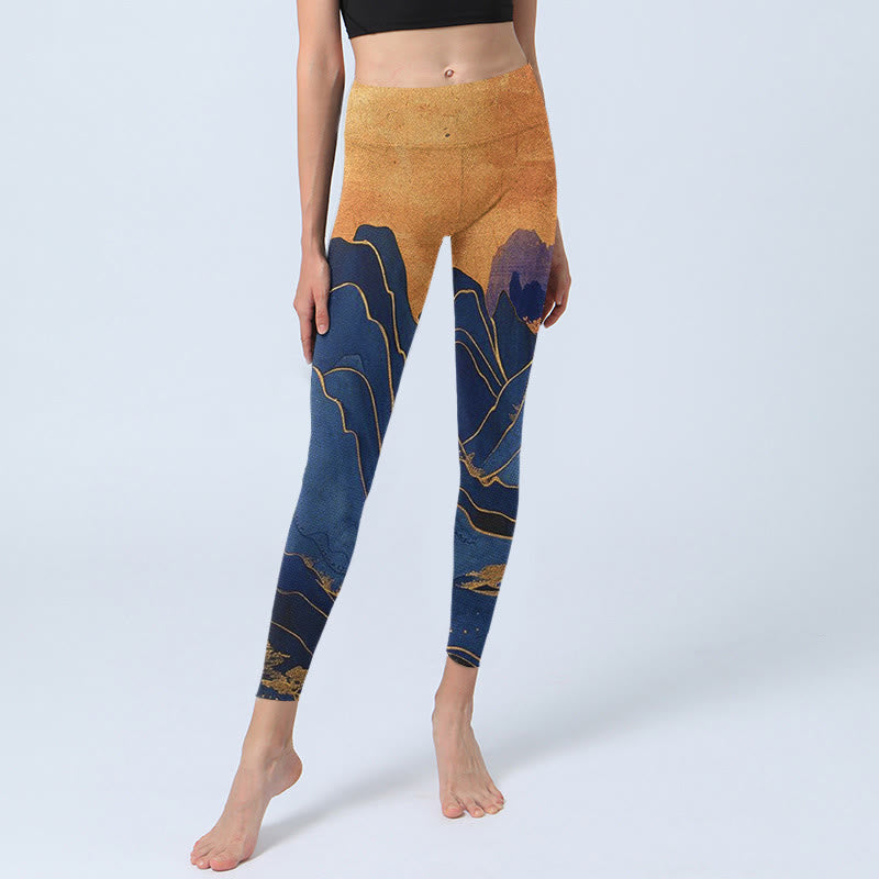 Leggings de fitness en tissu lycra imprimé coucher de soleil sur les montagnes bleu foncé Buddha Stones Pantalon de yoga pour femme - image 5