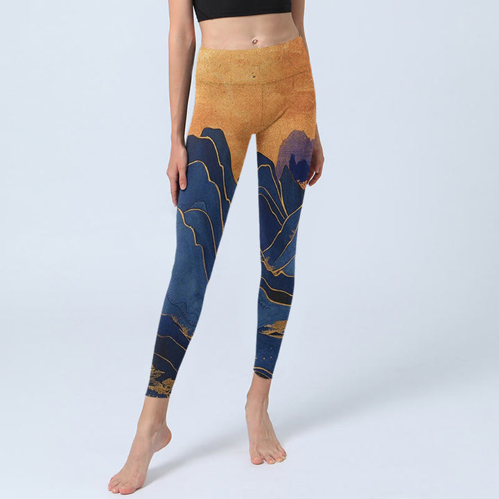 Leggings de fitness en tissu lycra imprimé coucher de soleil sur les montagnes bleu foncé Buddha Stones Pantalon de yoga pour femme - image 5