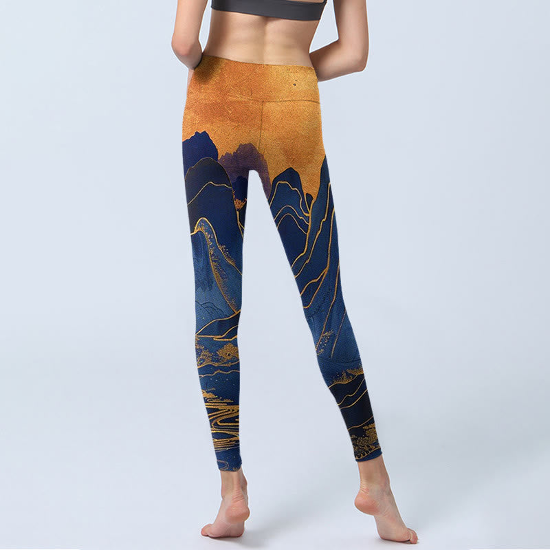 Leggings de fitness en tissu lycra imprimé coucher de soleil sur les montagnes bleu foncé Buddha Stones Pantalon de yoga pour femme - image 6