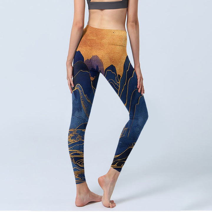 Leggings de fitness en tissu lycra imprimé coucher de soleil sur les montagnes bleu foncé Buddha Stones Pantalon de yoga pour femme - image 3