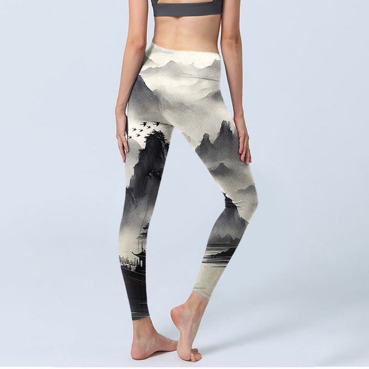 Leggings de fitness en tissu lycra avec imprimé paysage de Buddha Stones éclaboussées d'encre, pantalons de yoga pour femmes - image 4
