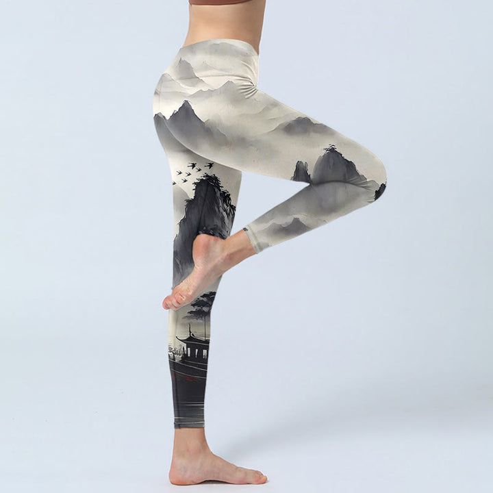 Leggings de fitness en tissu lycra avec imprimé paysage de Buddha Stones éclaboussées d'encre, pantalons de yoga pour femmes - image 5