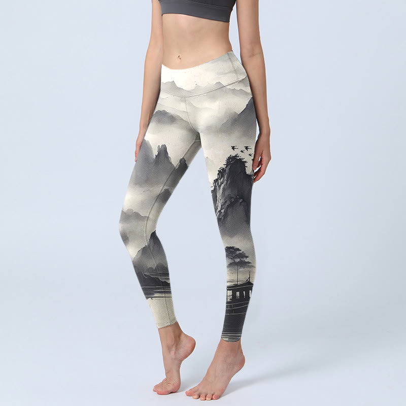 Leggings de fitness en tissu lycra avec imprimé paysage de Buddha Stones éclaboussées d'encre, pantalons de yoga pour femmes - Paysage à l'encre - US18，UK/AU22，EU50 (4XL) - image 1