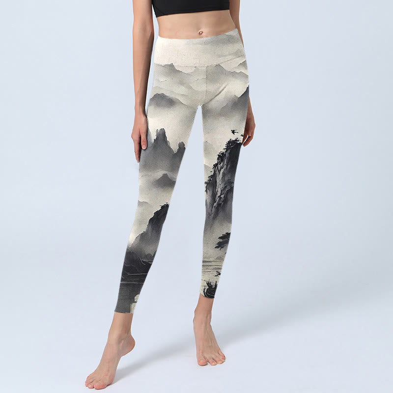 Leggings de fitness en tissu lycra avec imprimé paysage de Buddha Stones éclaboussées d'encre, pantalons de yoga pour femmes - image 6