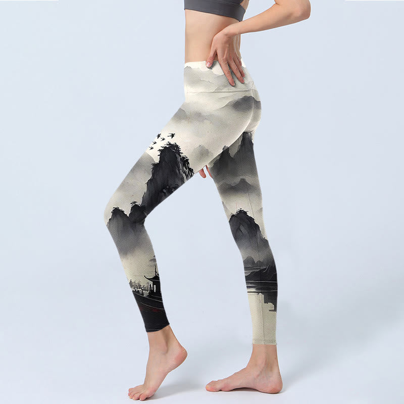 Leggings de fitness en tissu lycra avec imprimé paysage de Buddha Stones éclaboussées d'encre, pantalons de yoga pour femmes - image 3