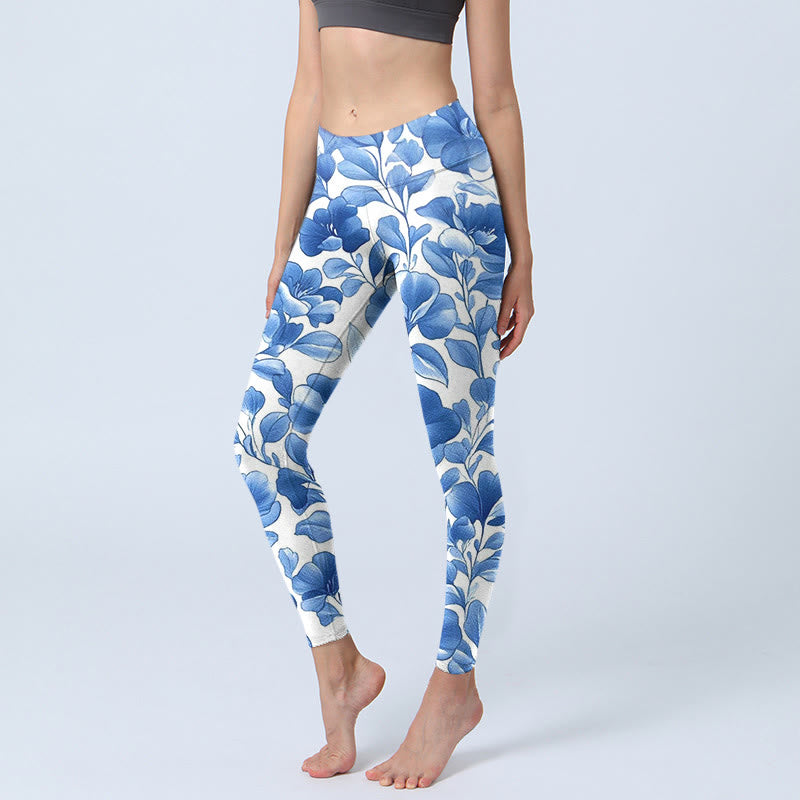 Pantalon de yoga pour femme avec legging de fitness imprimé fleurs bleues et pierres de Buddha Stones - Bleu ciel clair - US18，UK/AU22，EU50 (4XL) - image 1