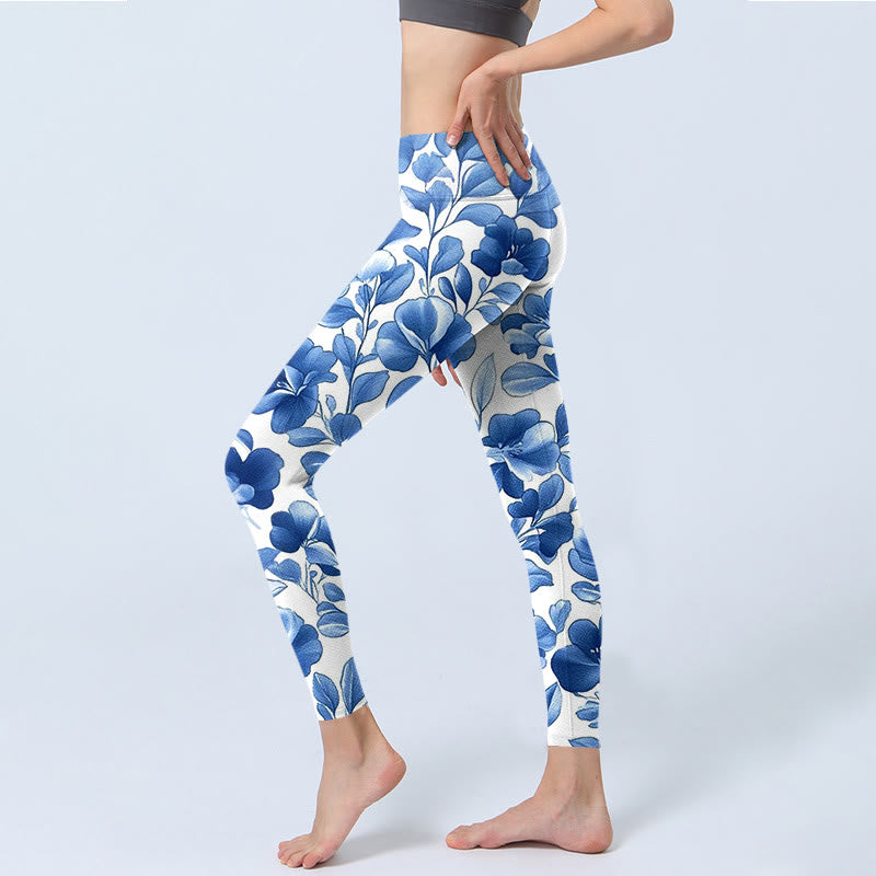 Pantalon de yoga pour femme avec legging de fitness imprimé fleurs bleues et pierres de Buddha Stones - image 3
