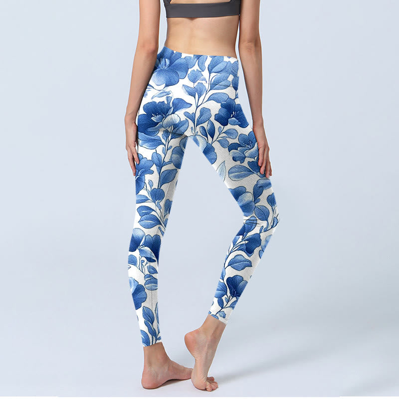 Pantalon de yoga pour femme avec legging de fitness imprimé fleurs bleues et pierres de Buddha Stones - image 5