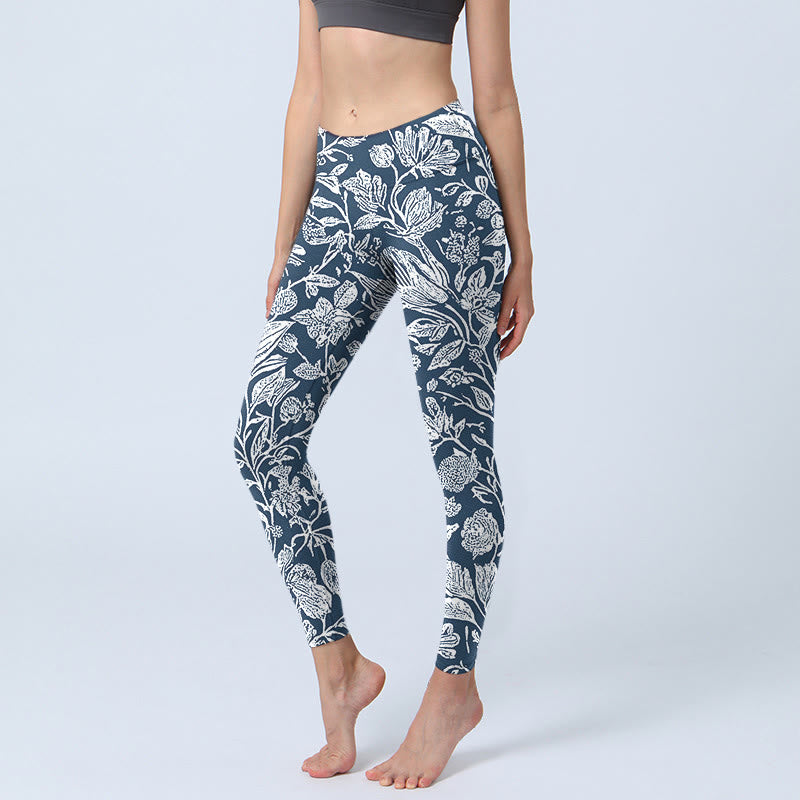 Pantalon de yoga pour femme avec legging de fitness à imprimé floral bleu foncé Buddha Stones - Bleu acier - US18，UK/AU22，EU50 (4XL) - image 1
