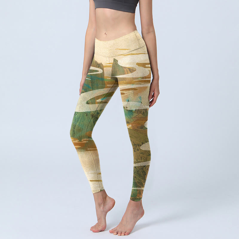 Leggings de fitness imprimé Buddha Stones Green Mountains Clouds Mist Pantalon de yoga pour femme - Chiffon au citron - US18，UK/AU22，EU50 (4XL) - image 1