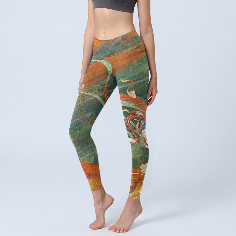 Pantalon de yoga pour femme avec imprimé Buddha Stones Dunhuang Flying Apsaras - Vert olive - US18，UK/AU22，EU50 (4XL) - image 0