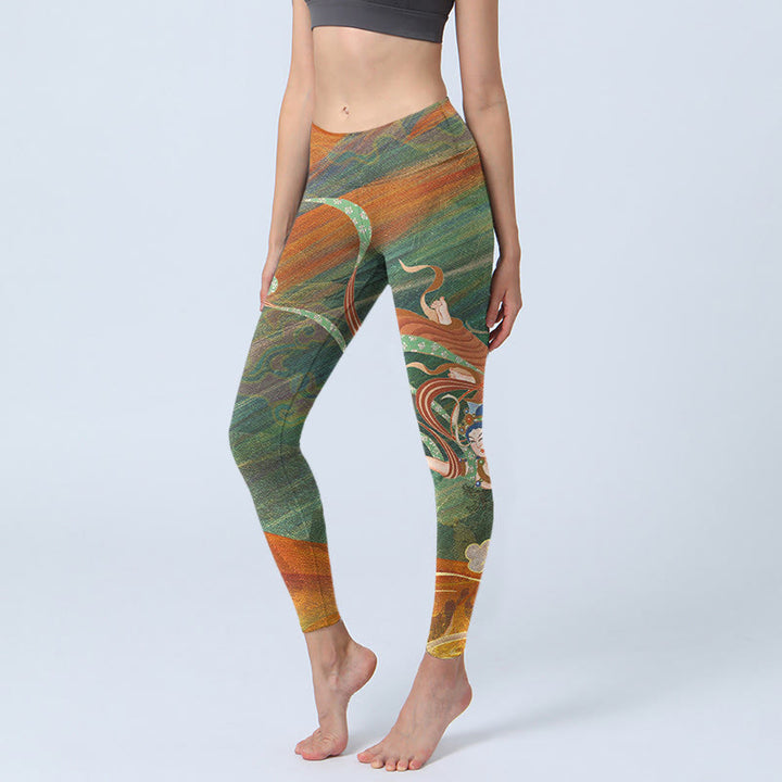 Pantalon de yoga pour femme avec imprimé Buddha Stones Dunhuang Flying Apsaras - Vert olive - US18，UK/AU22，EU50 (4XL) - image 0