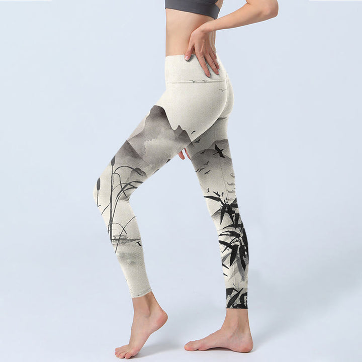 Pantalon de yoga pour femme avec imprimé Buddha Stones Ink Bamboo Mountains - image 3