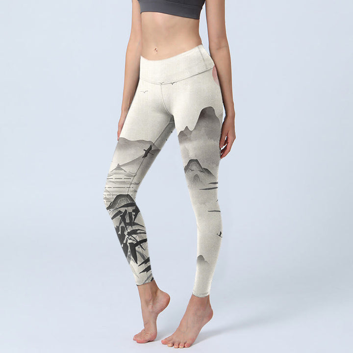 Pantalon de yoga pour femme avec imprimé Buddha Stones Ink Bamboo Mountains - Ivoire - US18，UK/AU22，EU50 (4XL) - image 1