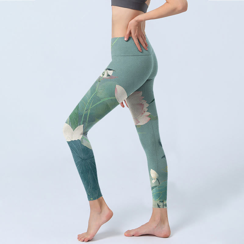 Pantalon de yoga pour femme avec imprimé feuilles de lotus et oiseaux et Buddha Stones - image 2
