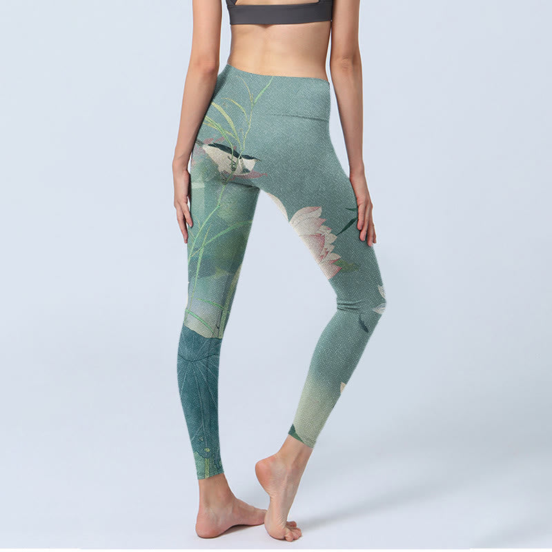 Pantalon de yoga pour femme avec imprimé feuilles de lotus et oiseaux et Buddha Stones - image 4
