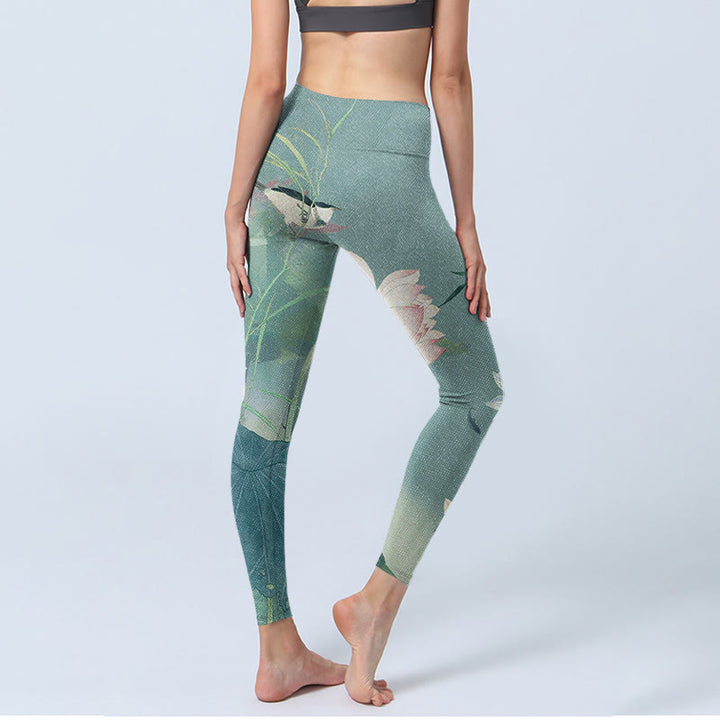 Pantalon de yoga pour femme avec imprimé feuilles de lotus et oiseaux et Buddha Stones - image 4