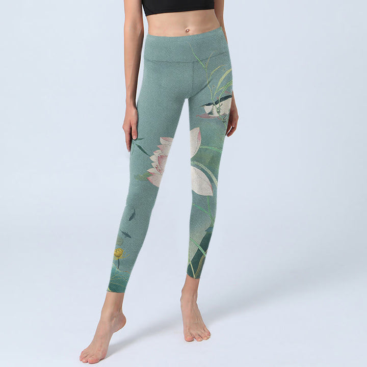 Pantalon de yoga pour femme avec imprimé feuilles de lotus et oiseaux et Buddha Stones - image 5