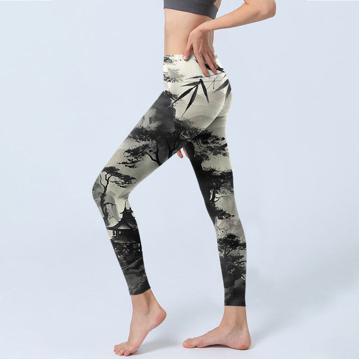 Leggings de sport à imprimé Buddha Stones Ink Bamboo Pine Mountains Pantalon de yoga pour femme - image 2