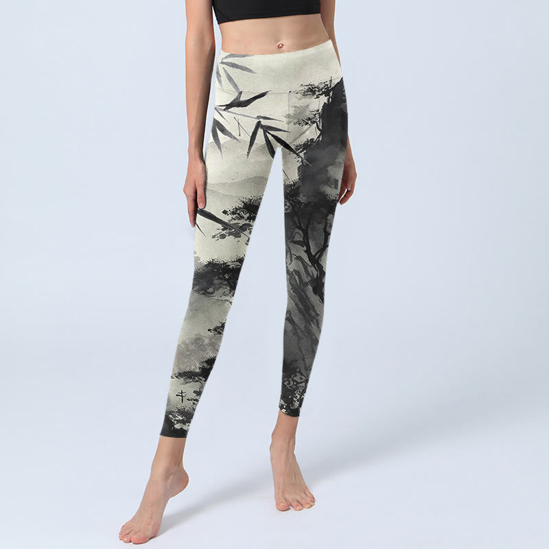 Leggings de sport à imprimé Buddha Stones Ink Bamboo Pine Mountains Pantalon de yoga pour femme - image 5