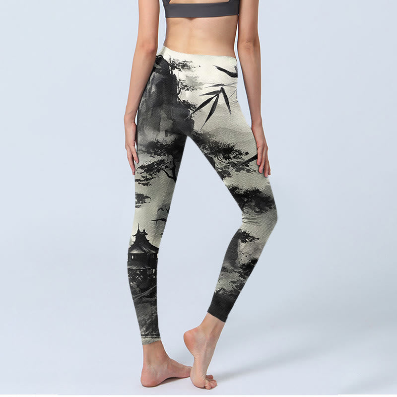 Leggings de sport à imprimé Buddha Stones Ink Bamboo Pine Mountains Pantalon de yoga pour femme - image 4