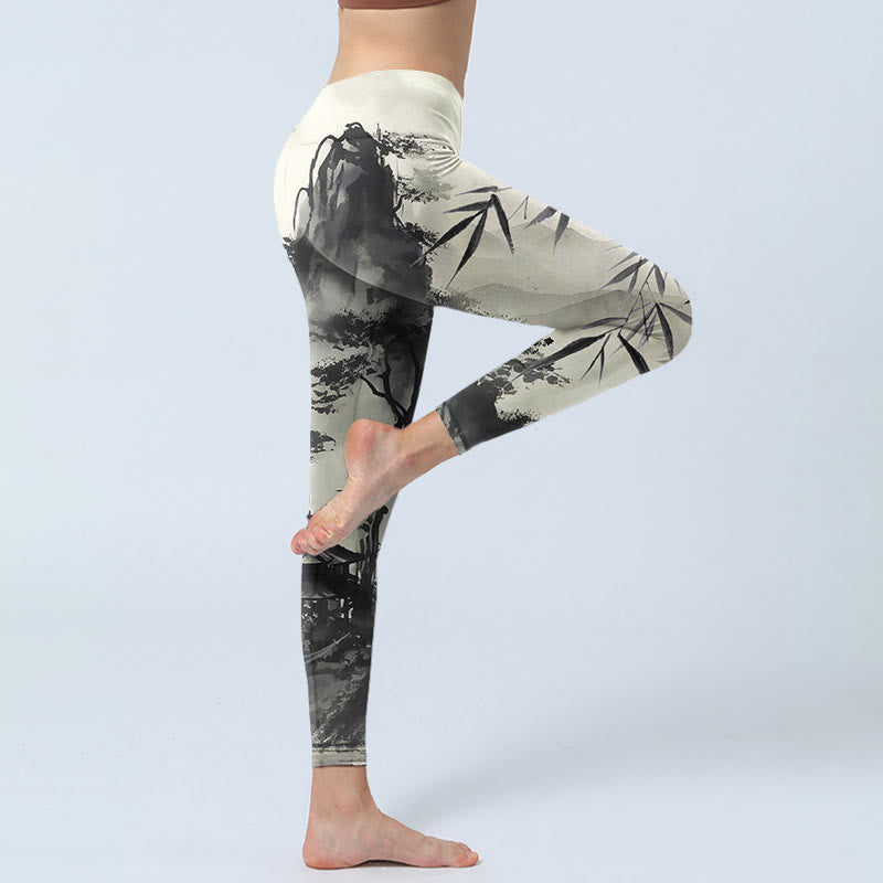 Leggings de sport à imprimé Buddha Stones Ink Bamboo Pine Mountains Pantalon de yoga pour femme - image 4