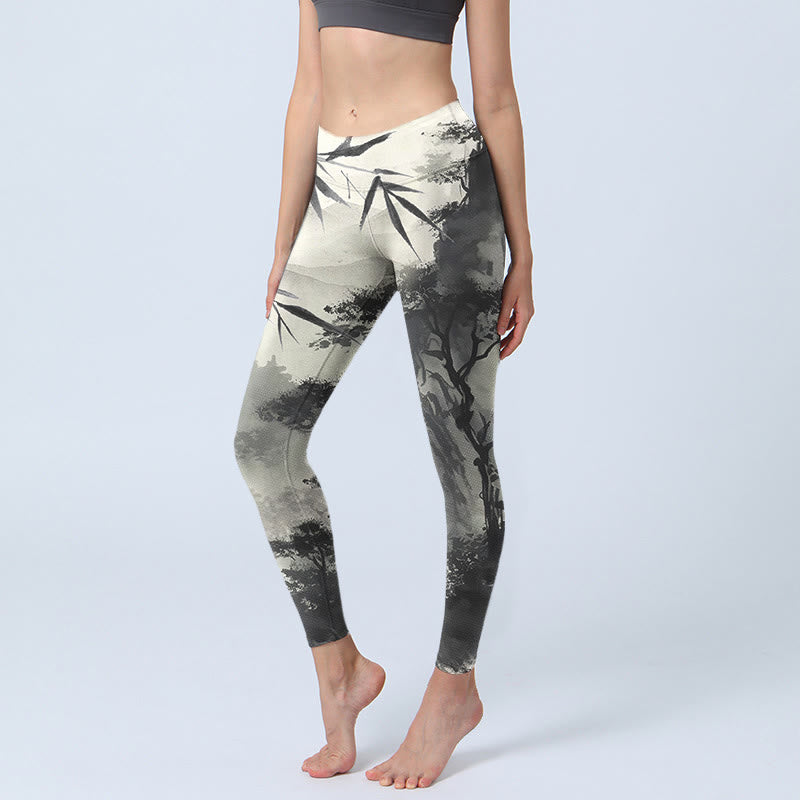 Leggings de sport à imprimé Buddha Stones Ink Bamboo Pine Mountains Pantalon de yoga pour femme - Gris clair - US18，UK/AU22，EU50 (4XL) - image 0