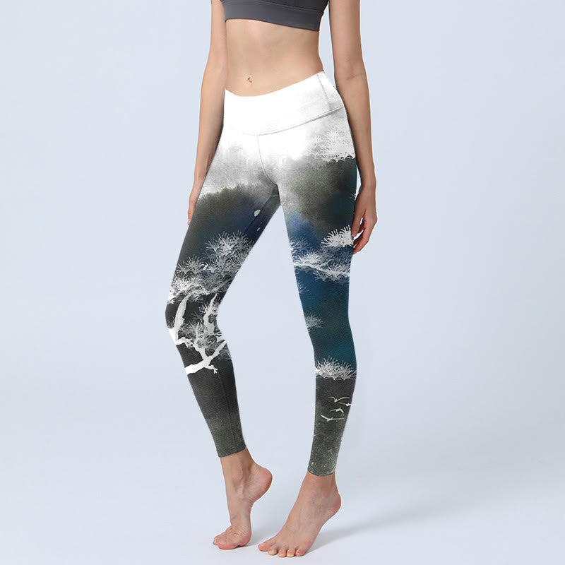 Leggings de sport à imprimé pin et peinture à l'encre de Buddha Stones Pantalon de yoga pour femme - Gris - US18，UK/AU22，EU50 (4XL) - image 1