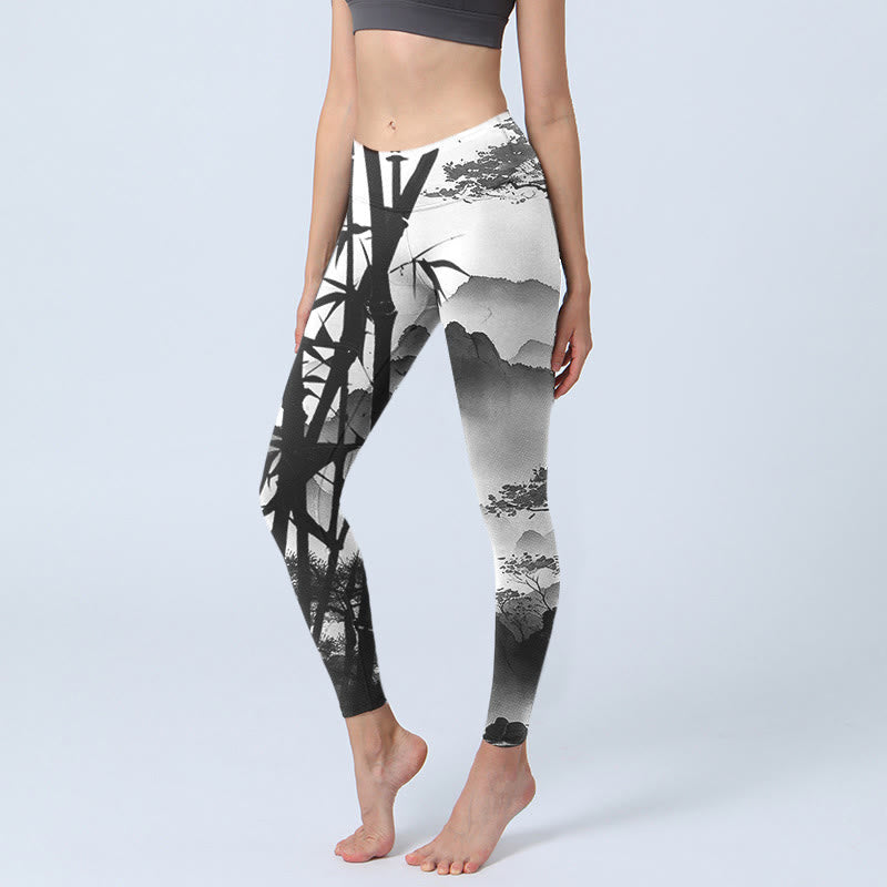 Leggings de sport pour femme avec peinture à l' Buddha Stones et paysage de montagne en bambou et pin - Gris foncé - US18，UK/AU22，EU50 (4XL) - image 0