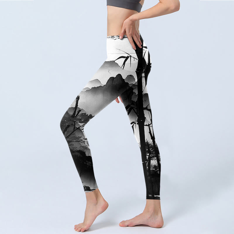 Leggings de sport pour femme avec peinture à l' Buddha Stones et paysage de montagne en bambou et pin - image 2