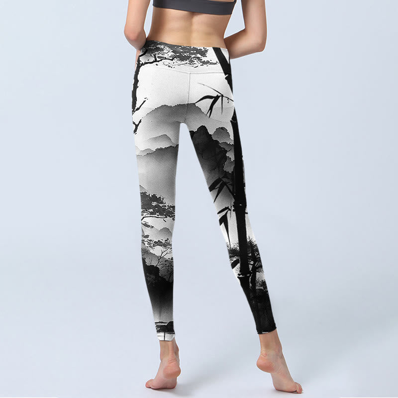 Leggings de sport pour femme avec peinture à l' Buddha Stones et paysage de montagne en bambou et pin - image 6