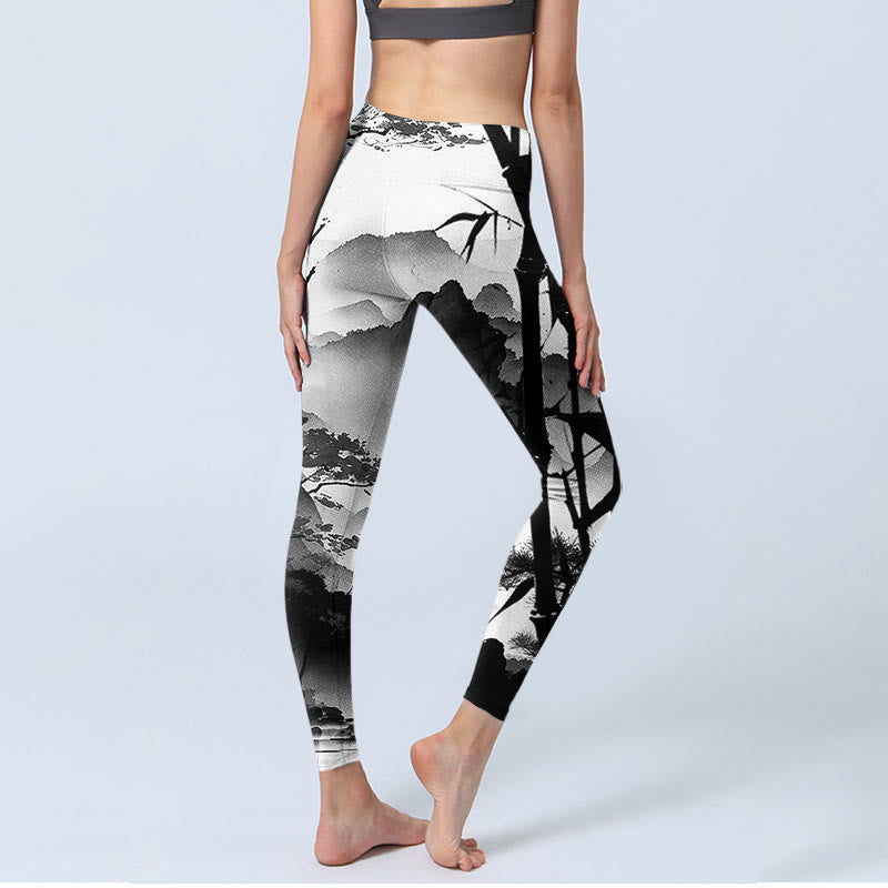 Leggings de sport pour femme avec peinture à l' Buddha Stones et paysage de montagne en bambou et pin - image 4