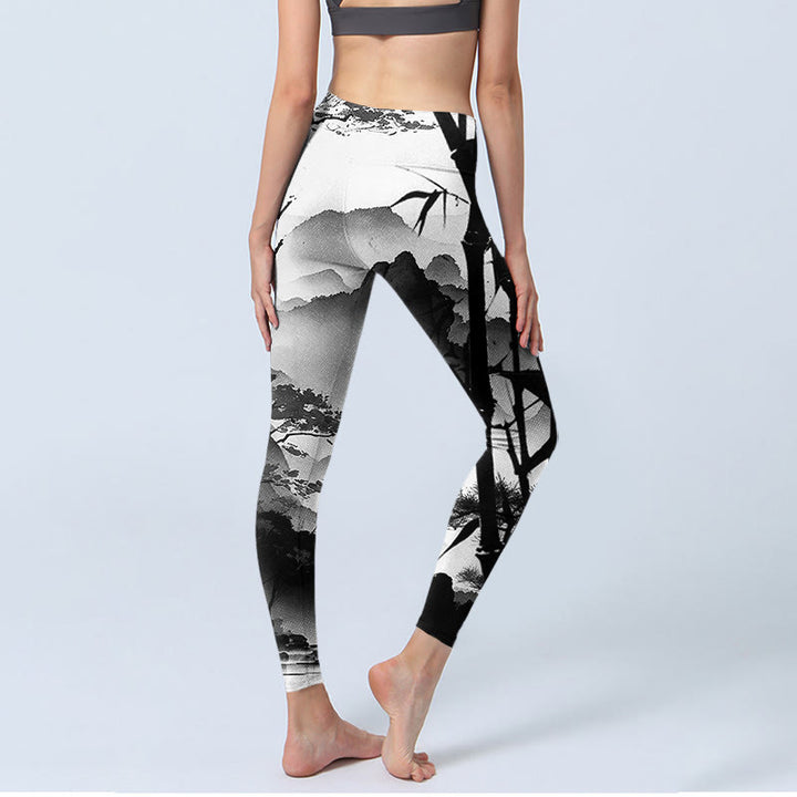 Leggings de sport pour femme avec peinture à l' Buddha Stones et paysage de montagne en bambou et pin - image 4