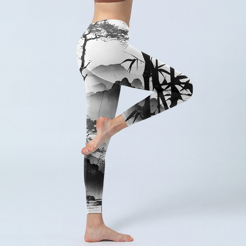 Leggings de sport pour femme avec peinture à l' Buddha Stones et paysage de montagne en bambou et pin - image 3