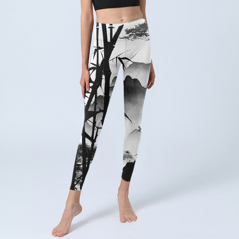 Leggings de sport pour femme avec peinture à l' Buddha Stones et paysage de montagne en bambou et pin - image 5