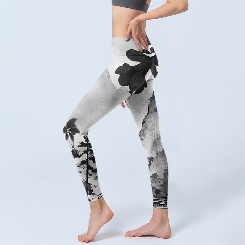 Leggings de sport imprimés Buddha Stones Ink Painting Trees Mountains Landscape Pantalons de yoga pour femmes - image 3
