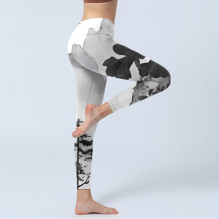 Leggings de sport imprimés Buddha Stones Ink Painting Trees Mountains Landscape Pantalons de yoga pour femmes - image 4