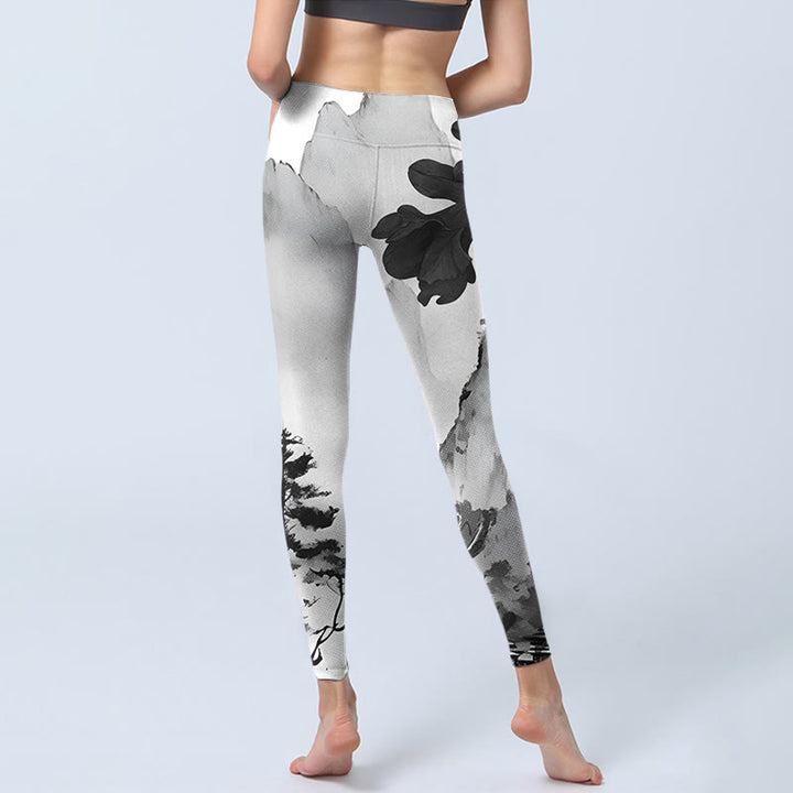 Leggings de sport imprimés Buddha Stones Ink Painting Trees Mountains Landscape Pantalons de yoga pour femmes - image 7