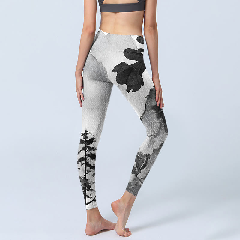 Leggings de sport imprimés Buddha Stones Ink Painting Trees Mountains Landscape Pantalons de yoga pour femmes - image 5