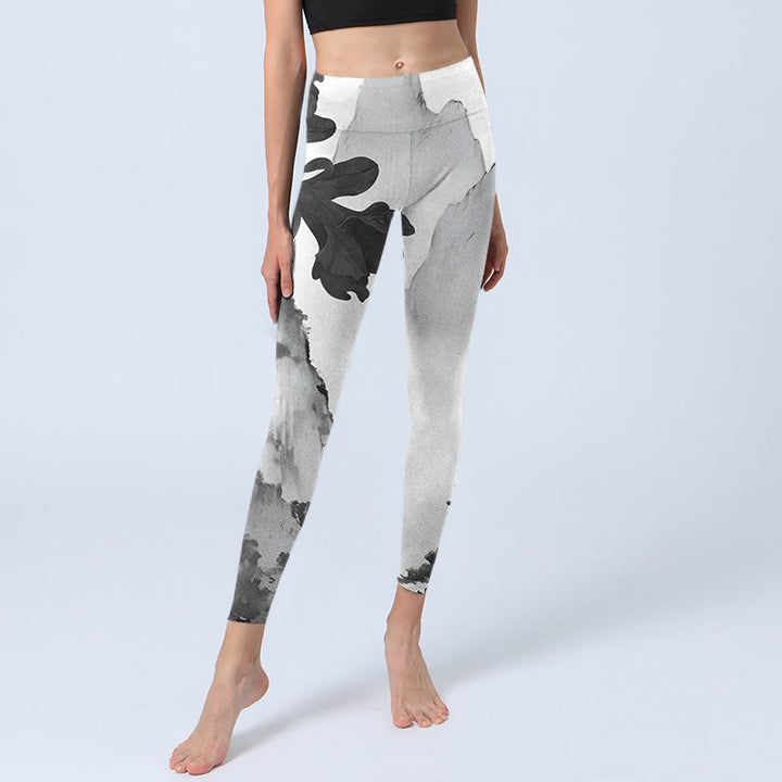 Leggings de sport imprimés Buddha Stones Ink Painting Trees Mountains Landscape Pantalons de yoga pour femmes - image 6