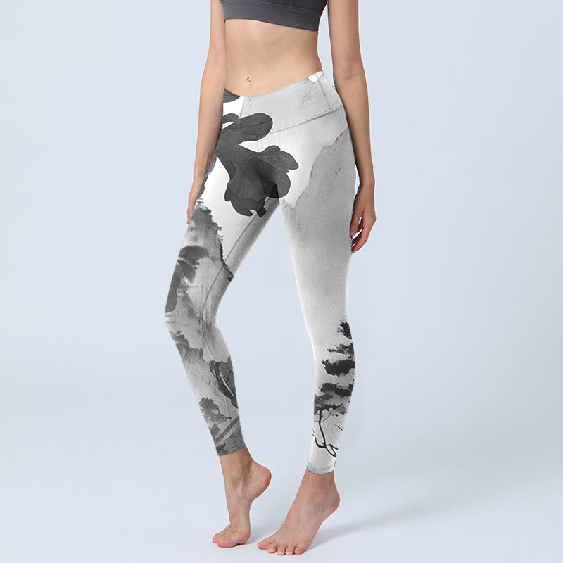 Leggings de sport imprimés Buddha Stones Ink Painting Trees Mountains Landscape Pantalons de yoga pour femmes - Fumée blanche - US18，UK/AU22，EU50 (4XL) - image 1