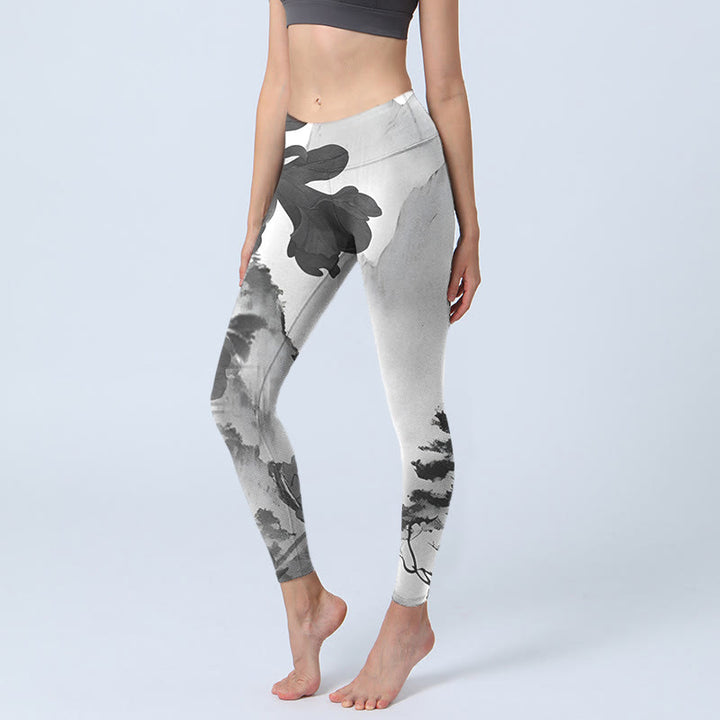 Leggings de sport imprimés Buddha Stones Ink Painting Trees Mountains Landscape Pantalons de yoga pour femmes - Fumée blanche - US18，UK/AU22，EU50 (4XL) - image 1