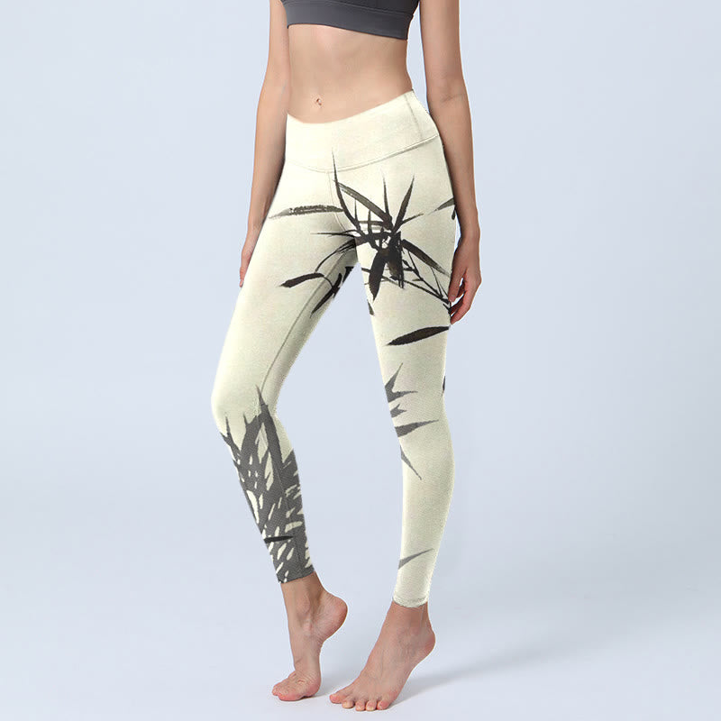 Leggings de sport imprimés feuilles de bambou et Buddha Stones Pantalons de yoga pour femmes - Soie de maïs - US18，UK/AU22，EU50 (4XL) - image 1