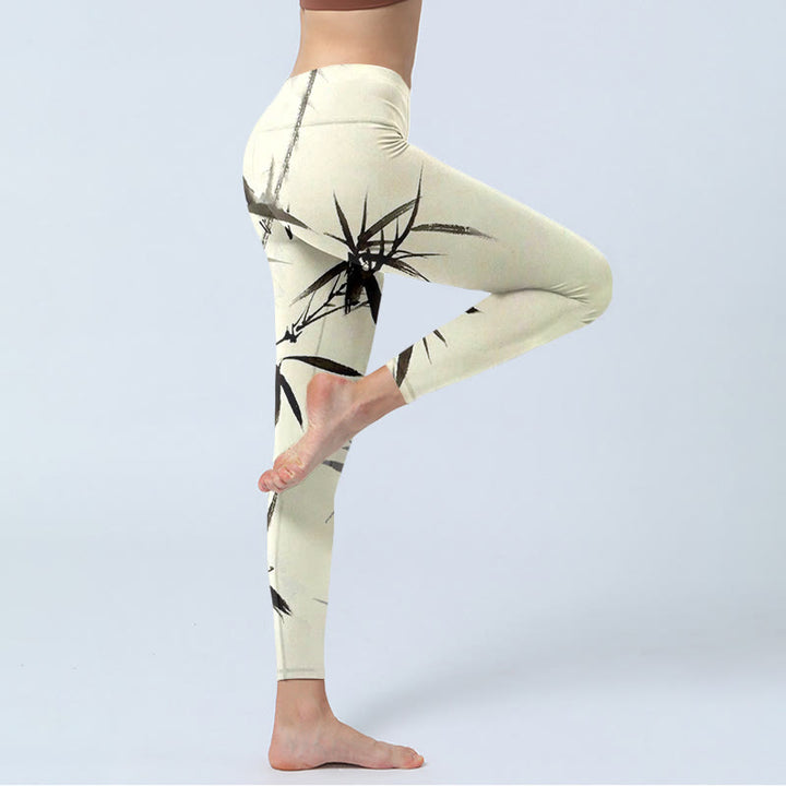 Leggings de sport imprimés feuilles de bambou et Buddha Stones Pantalons de yoga pour femmes - image 3