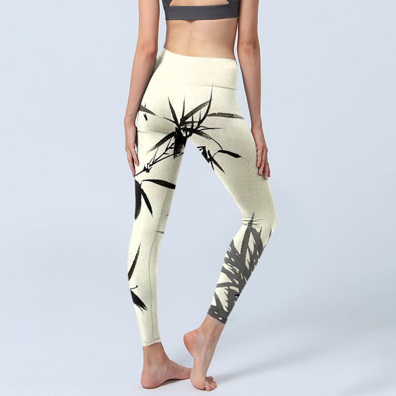 Leggings de sport imprimés feuilles de bambou et Buddha Stones Pantalons de yoga pour femmes - image 5